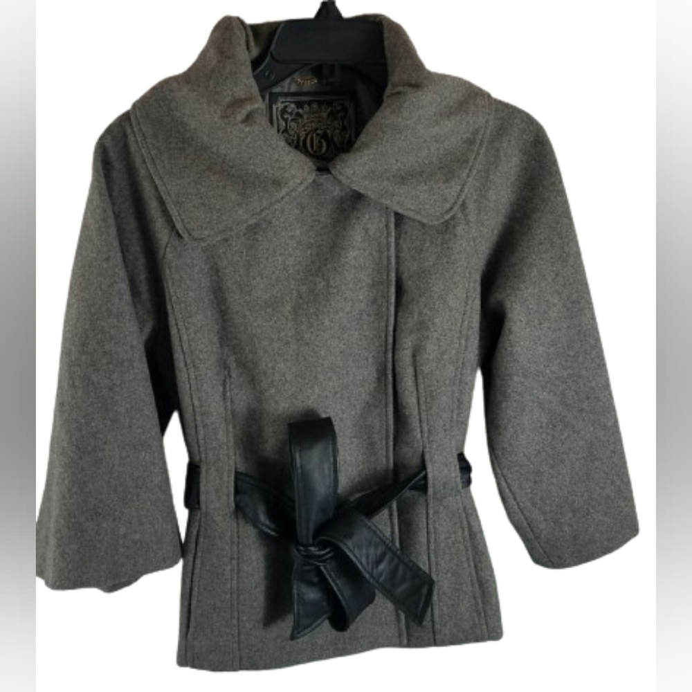 Guess Cape Style 3/4 Sleeve Wool Blend Leather Belted Coat